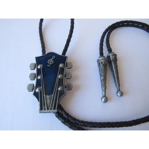 Blue & Silver Texas Western Cowboy Guitar Neck Bollo Tie - Braided Cord - Picture 3 of 4